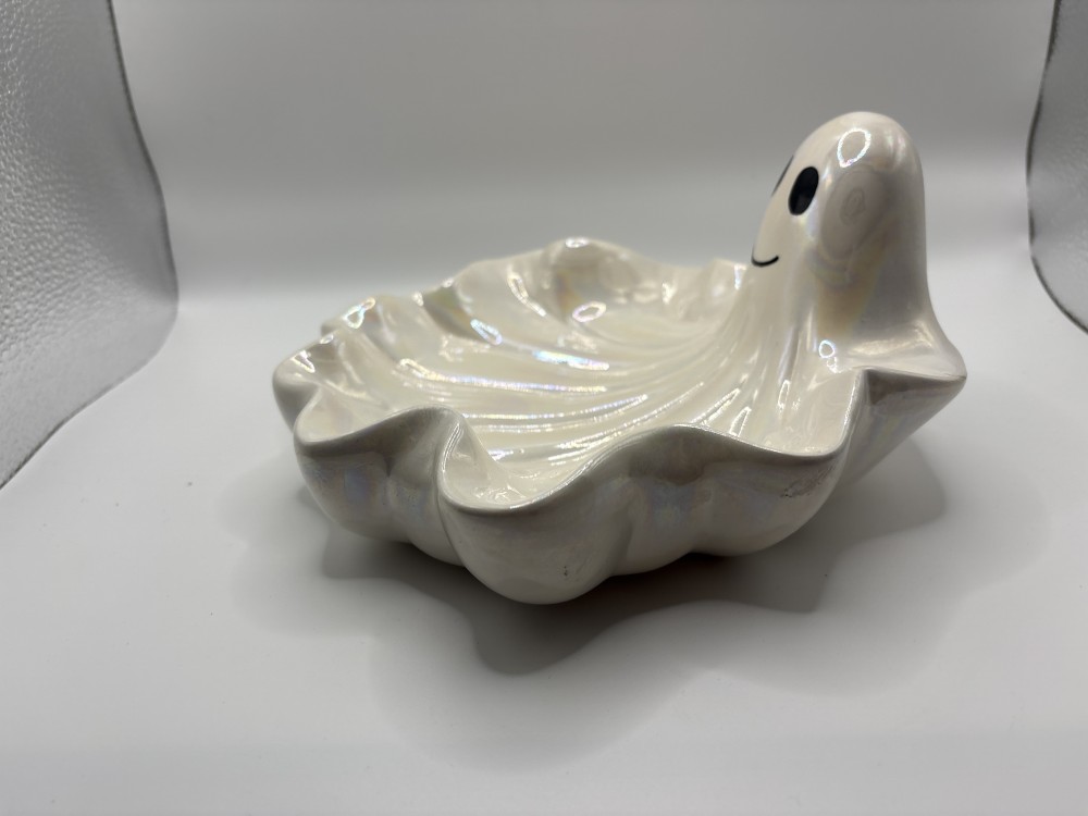 Ghost Halloween Iridescent Candy Dish Vintage 8 inch As-is
