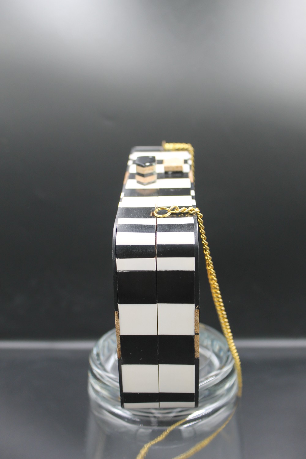 Geometric wood/resin chevron parquet box clutch purse
