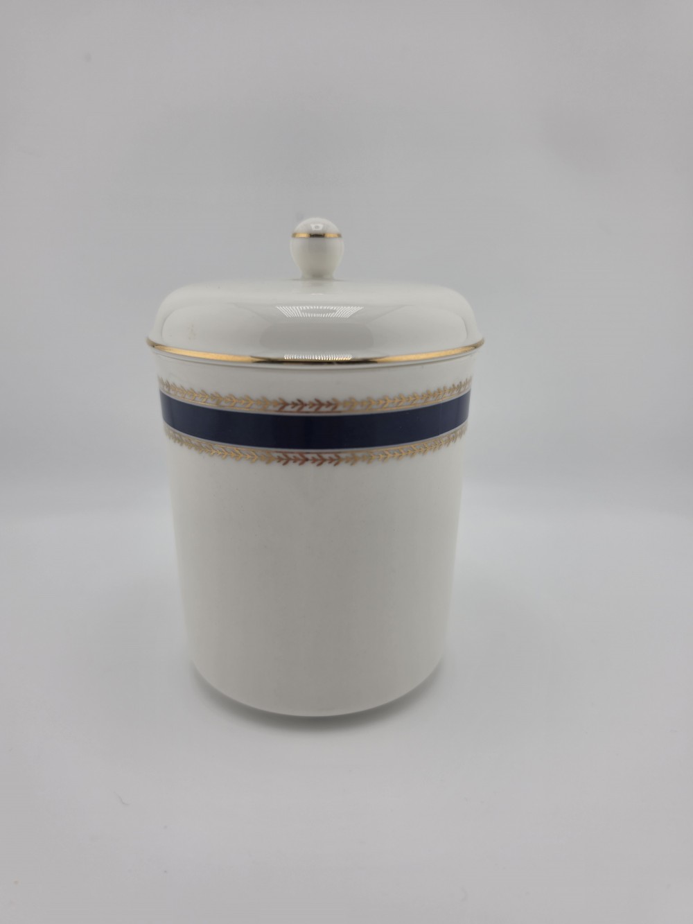 VTG 1980s Bill Blass Lidded Vanity Jar Navy Gold Laurel