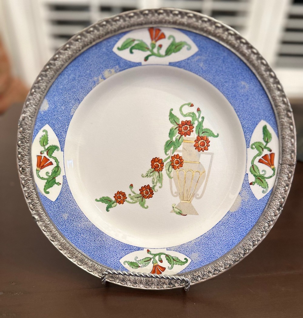 Antiq. Bristol Ware Handpainted Decorated Plate with Silver Metal Rim.