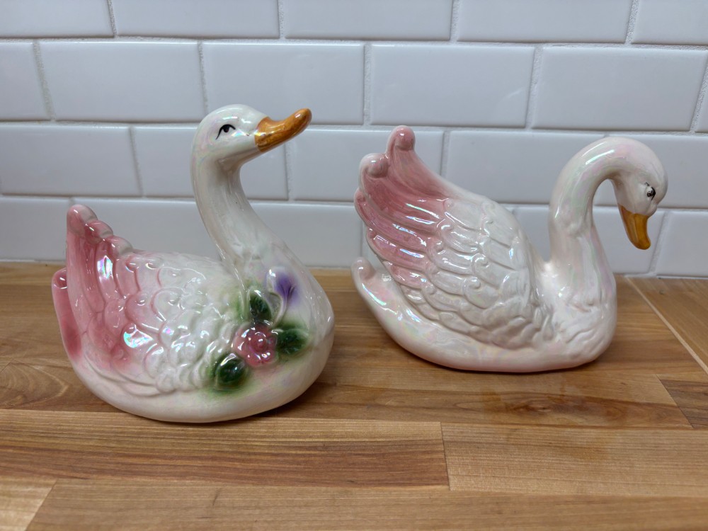 Swan Figurines Ceramic Pair Iridescent Pink Lustre Floral Cottage Decor