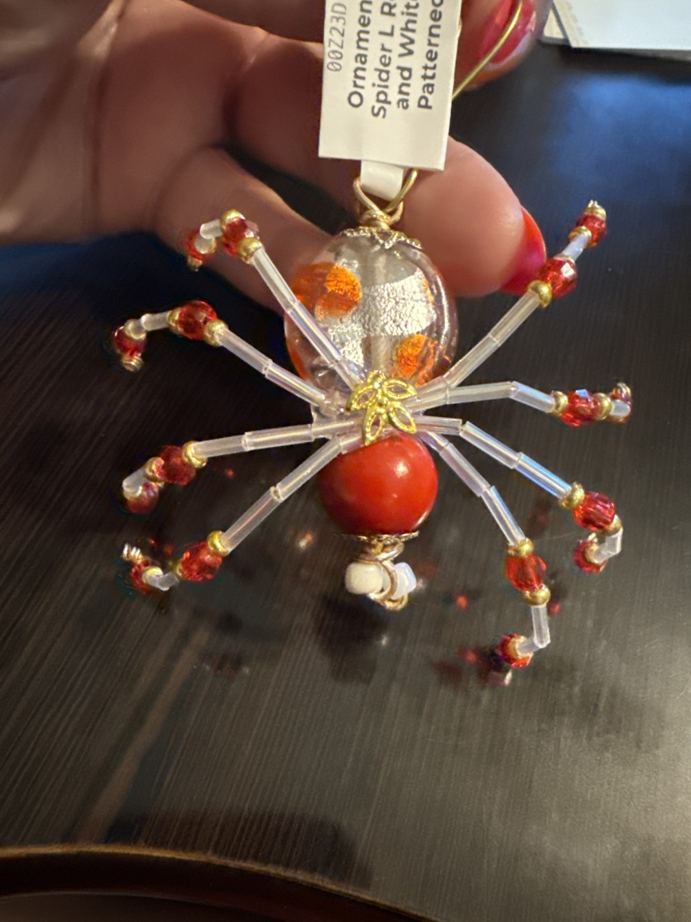 Ornament - Spider L Red and White Patterned