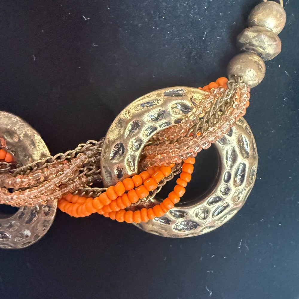 Hammered Gold Tone Ring And Orange Bead Statement Necklace