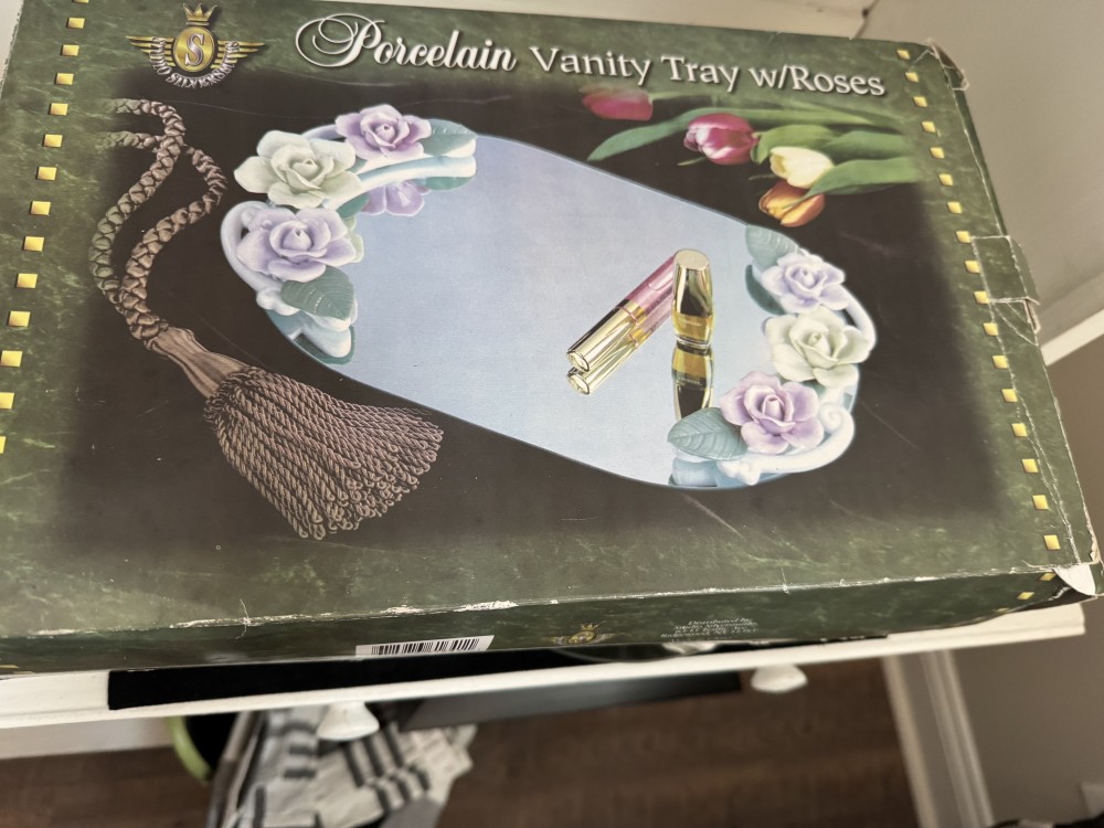 VANITY TRAY, MIRROR ART DECO WITH PORCELAIN ROSES