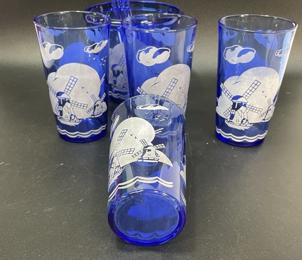 Cocktail Glass Set Hazel Atlas Cobalt Blue Dutch Windmill Ice Bucket 4 Glasses 4 Stir Sticks Vintage