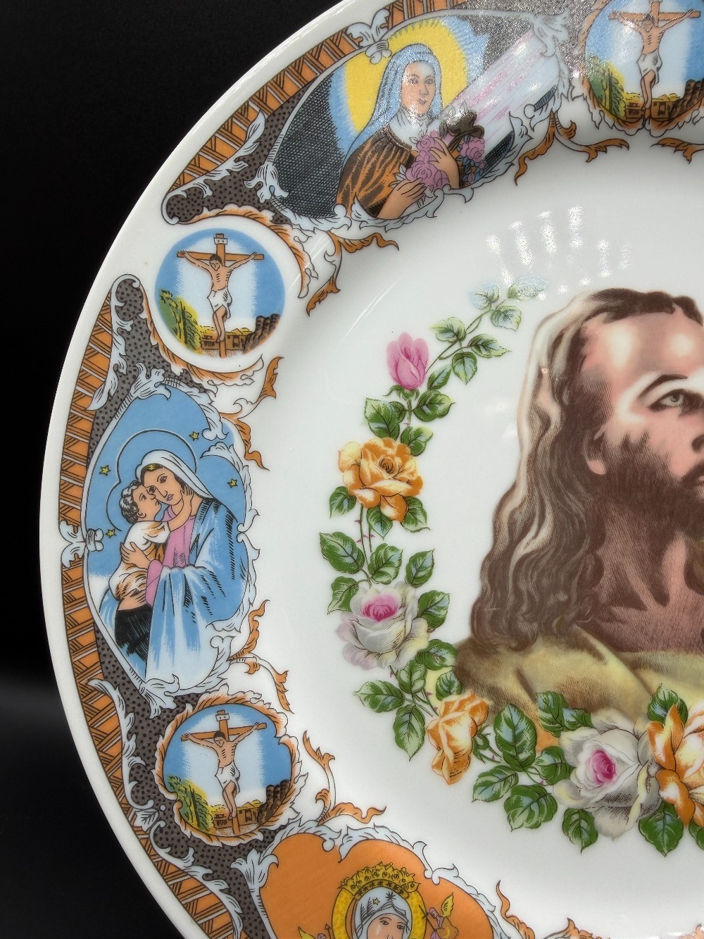 Vintage 1950s Religious Devotional Plate – Head of Christ & Catholic Saints Rim Medallions – Made in Japan