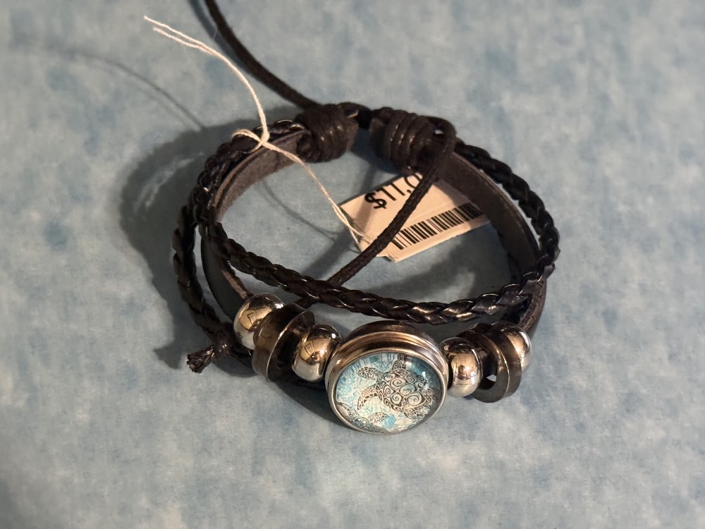 Bracelet- Genuine Leather black 3 strap Turtle