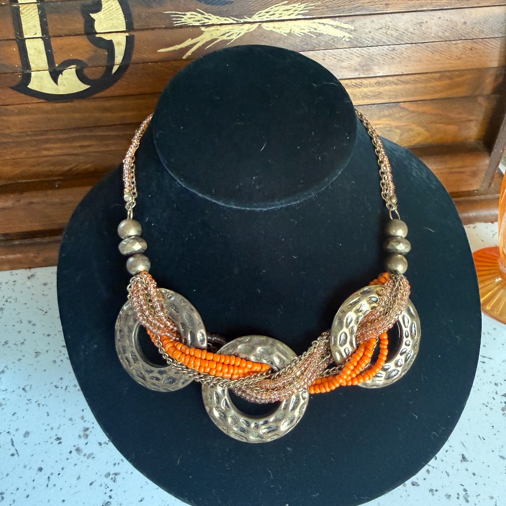Hammered Gold Tone Ring And Orange Bead Statement Necklace