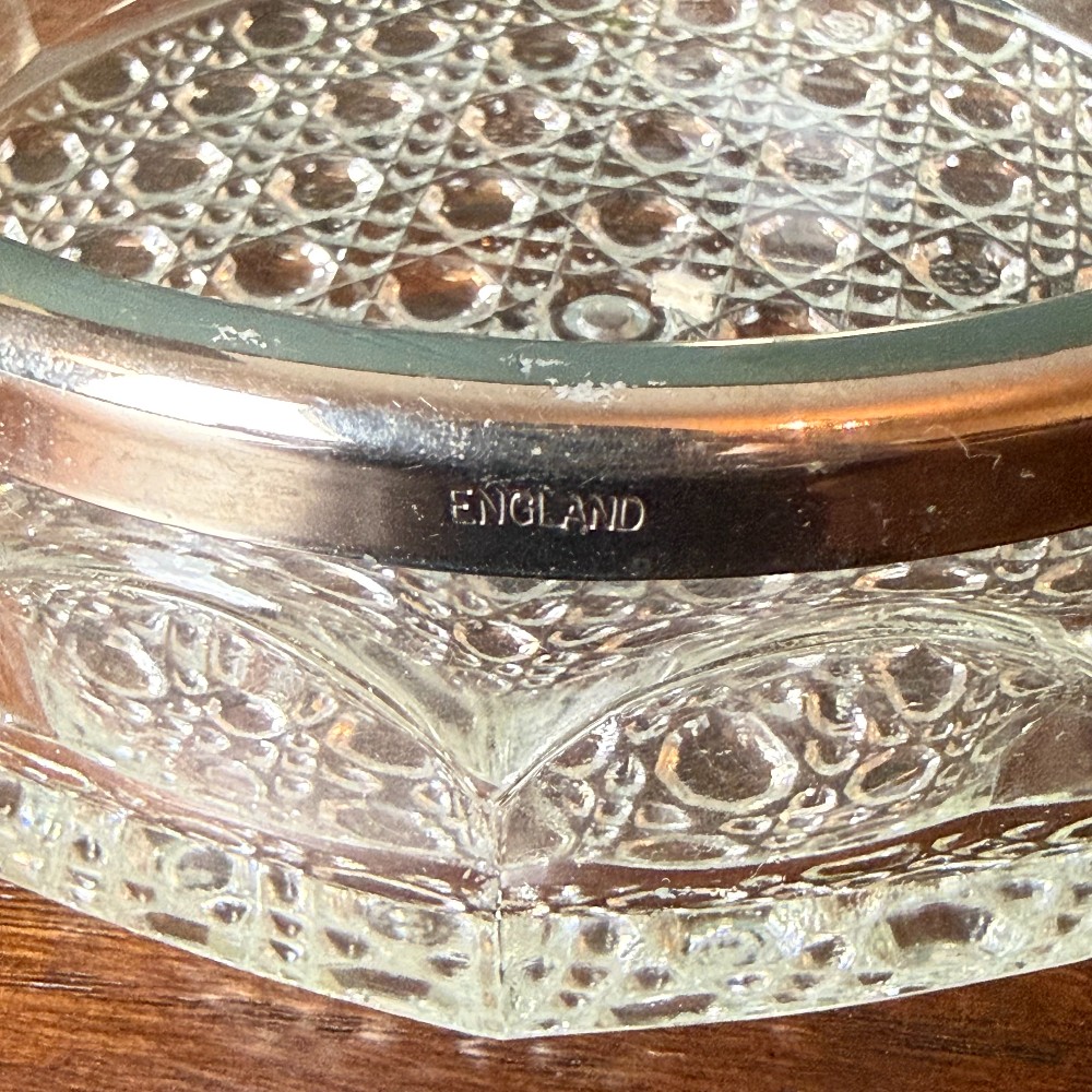 Vintage English Cut Glass Ashtray, Silverplate Rim, Marked England