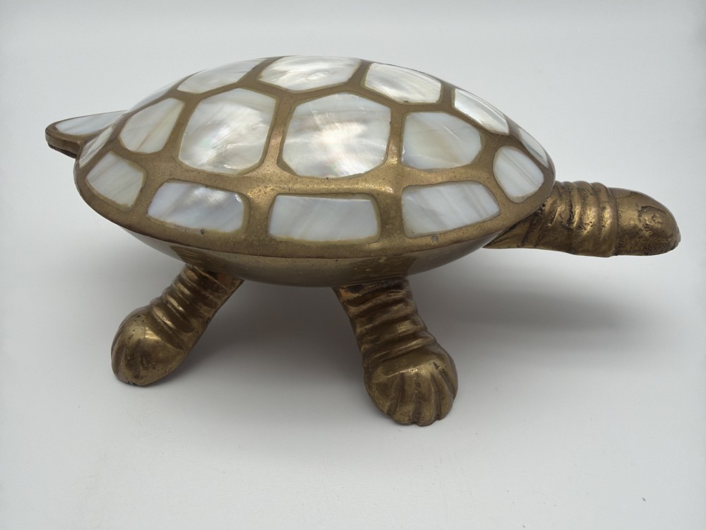 Vtg Brass & Mother-of-Pearl Turtle Trinket Box