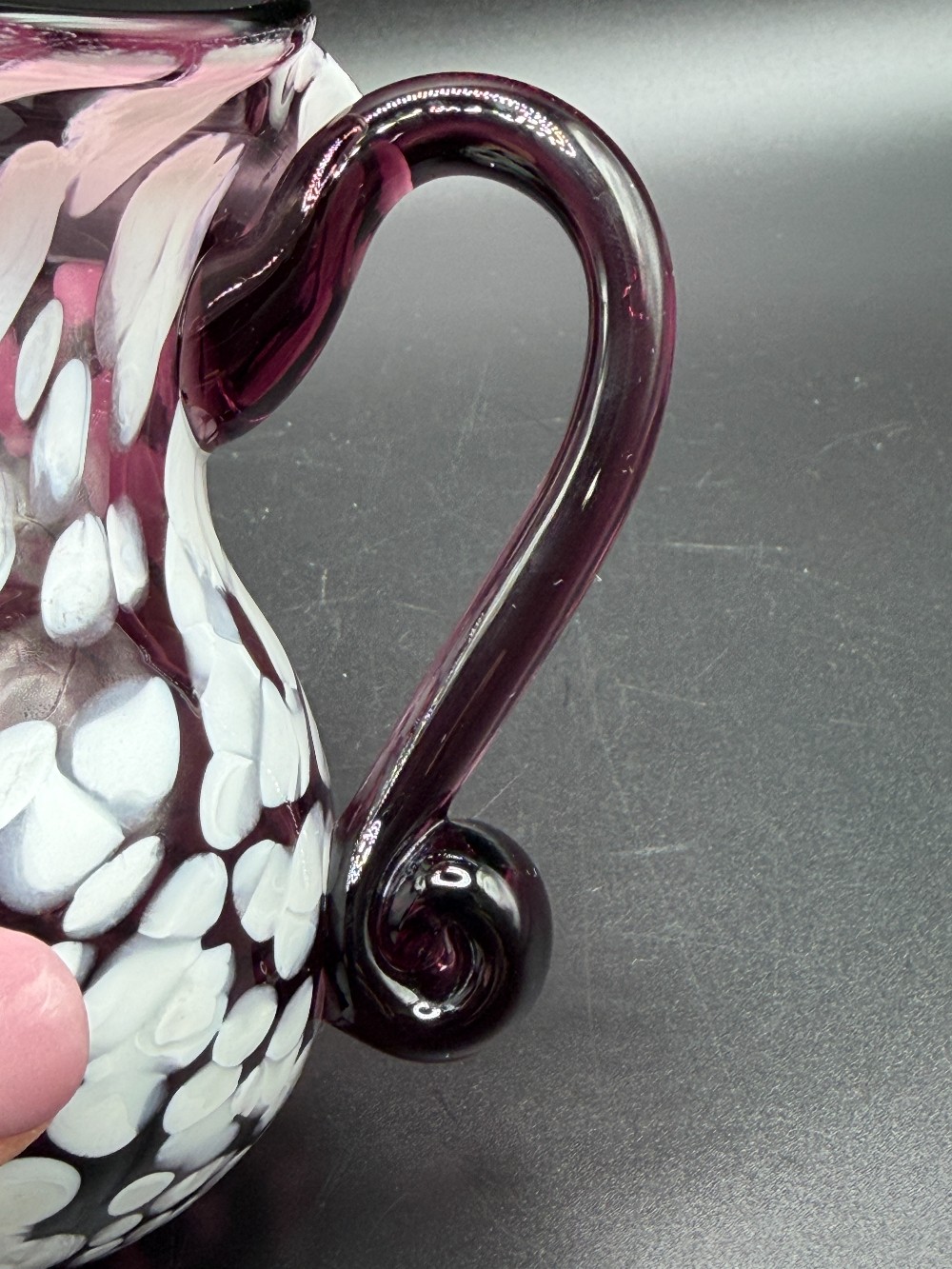 Vintage Amethyst Purple & White Spatter Art Glass Pitcher - Ruffled Rim