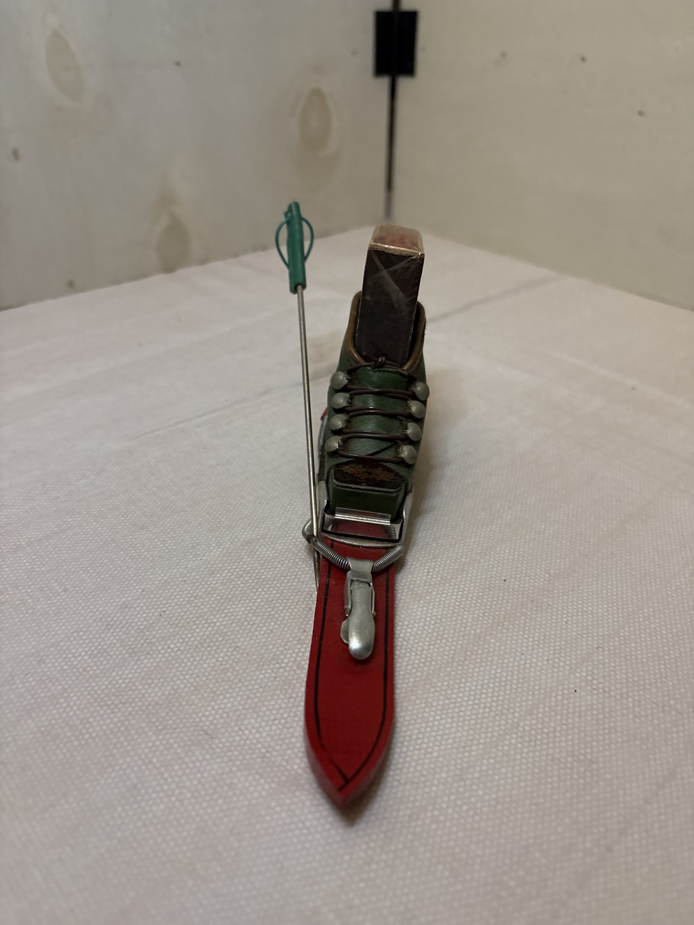 Austrian Leather Ski Boot Match Holder with Matches & Ski Pole- Vintage