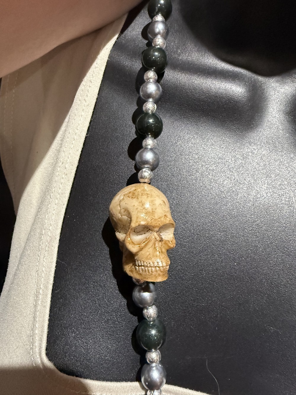 Necklace - Skulls Grey and Black Beads Long Necklace
