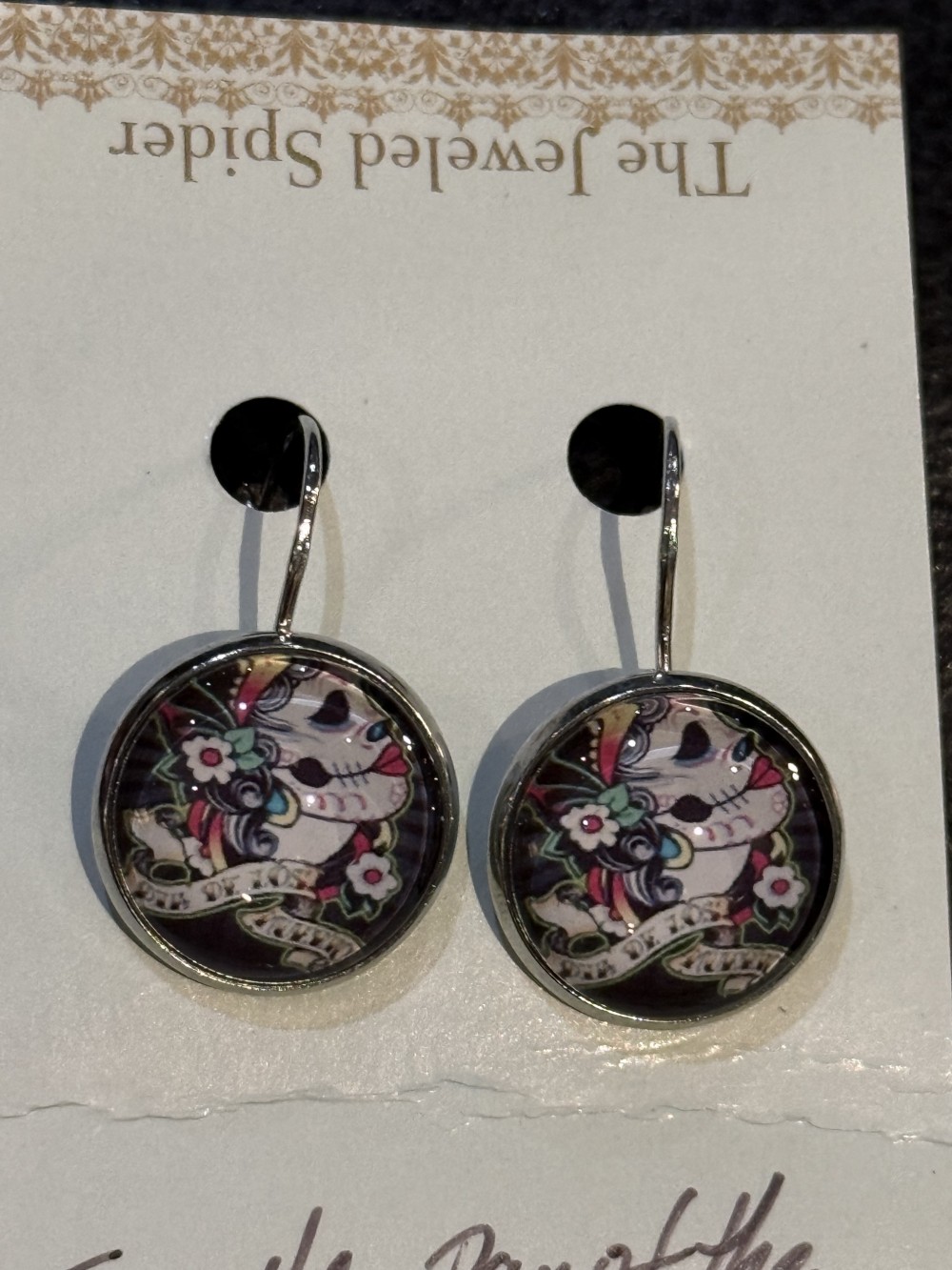 Earrings - Female Skull Profile w Rose Cameo Round, Day of the Dead