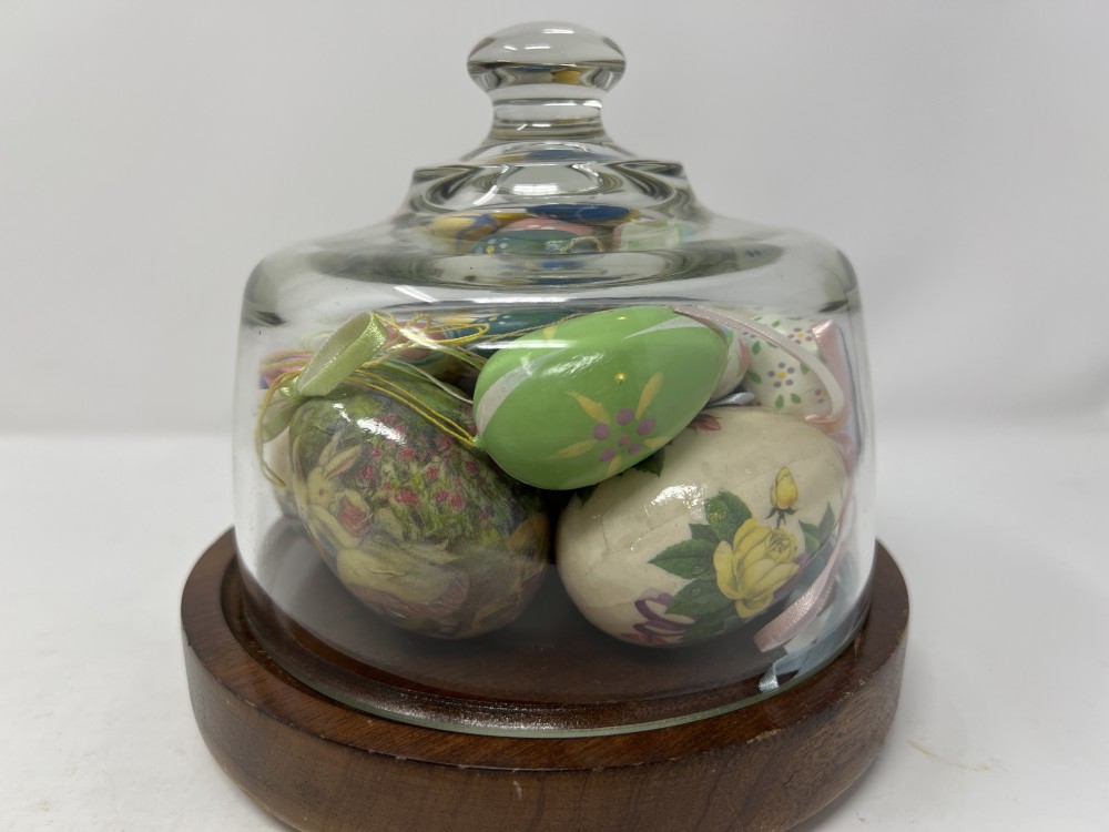 Vtg Wooden Eggs in Glass Cloche