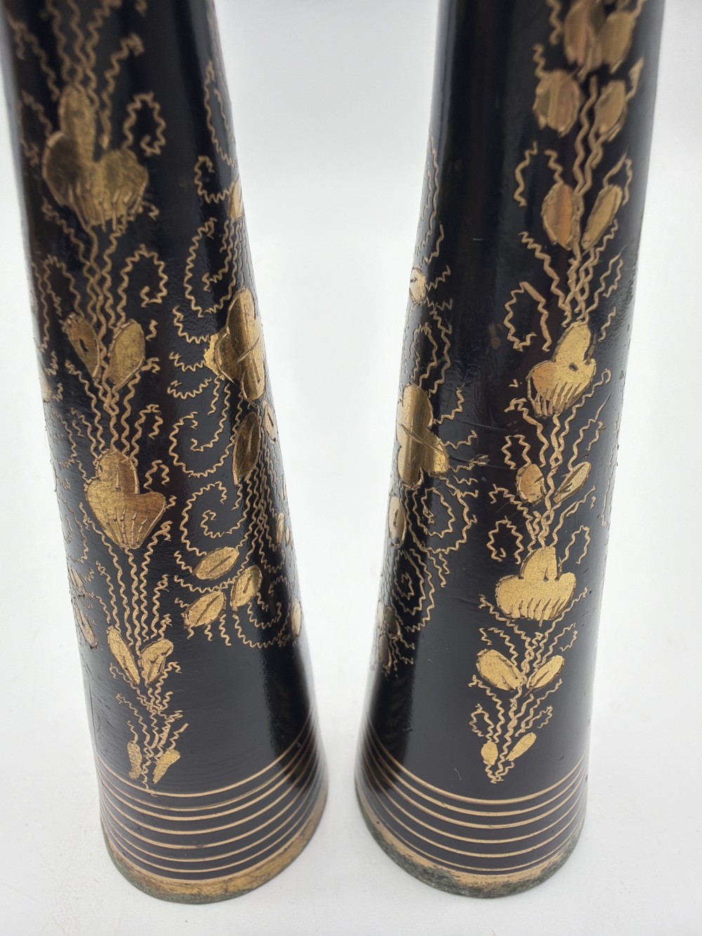 Pair Vintage Etched Brass Bud Vases