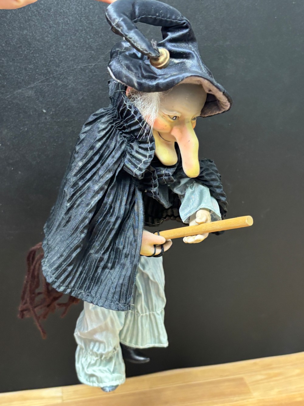 Vintage Kitchen Witch Doll Hand Painted Ceramic Poseable Halloween Broom 13 Inch