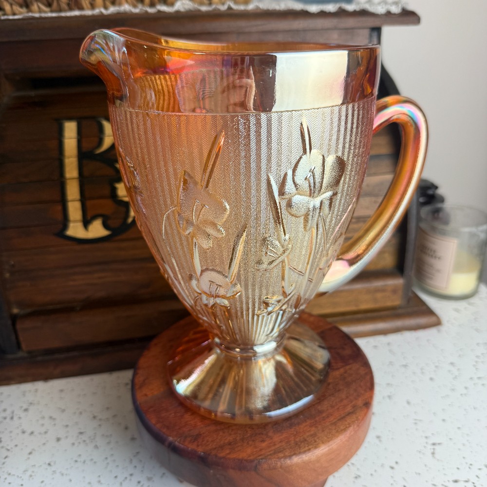Jeannette Glass Iris and Herringbone Marigold Carnival Glass Pitcher - DANA