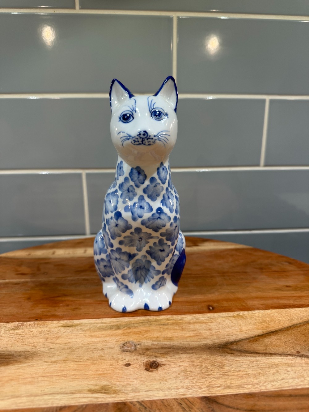 Vintage Blue & White Floral Cat Figurine