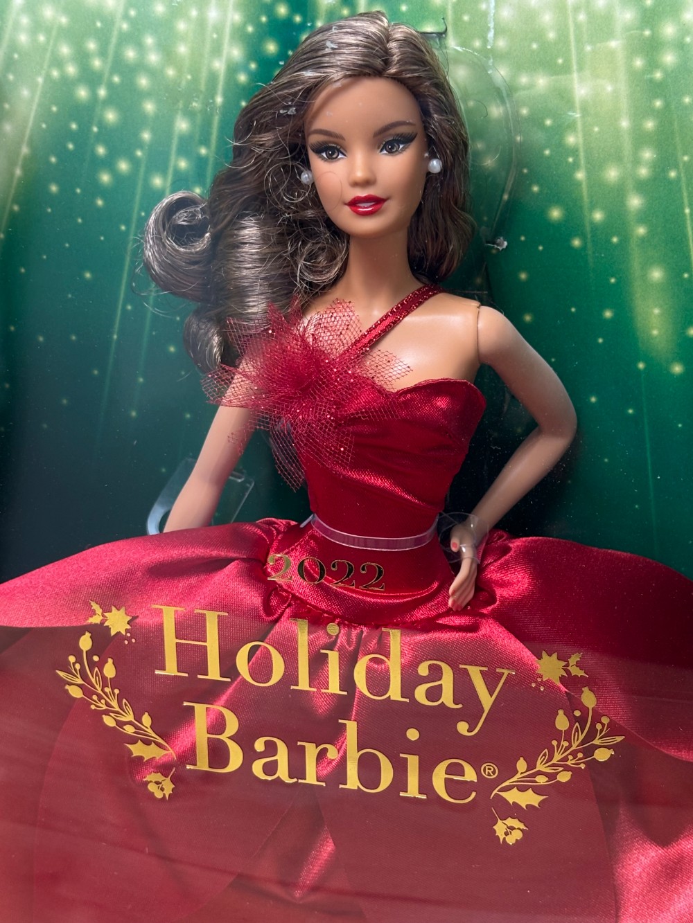 2022 Holiday Barbie Signature Brunette Red Poinsettia Gown Mattel HBY08 NIB