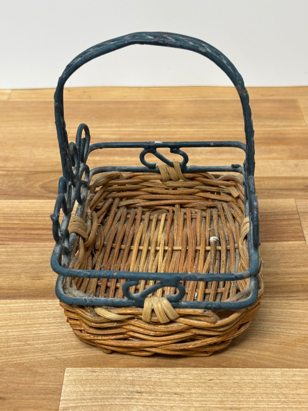 Miniature Wicker Basket with Ornate Metal Scrollwork Handle Rustic Farmhouse Decor