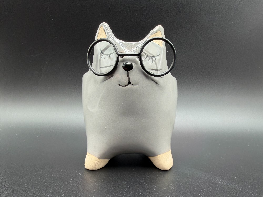 Modern Gray Ceramic Cat Planter with Metal Wire Glasses