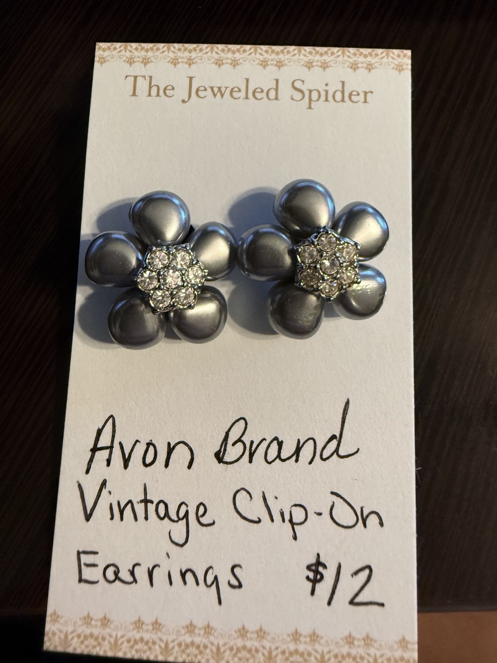 VIntage Avon Clip On Earrings - Grey Flower Rhinestone Center