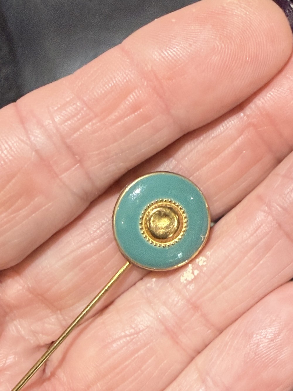 Hat Pin / Scarf Pin - Vintage Enamel Teal and Gold Button, Lapel Pin, Hat Pins,