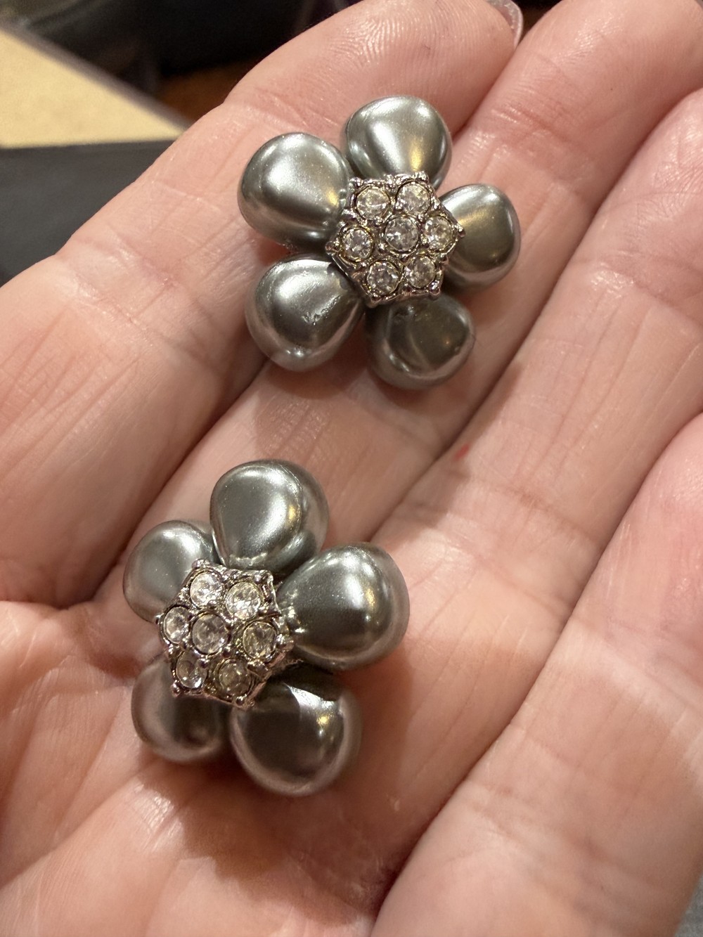 VIntage Avon Clip On Earrings - Grey Flower Rhinestone Center