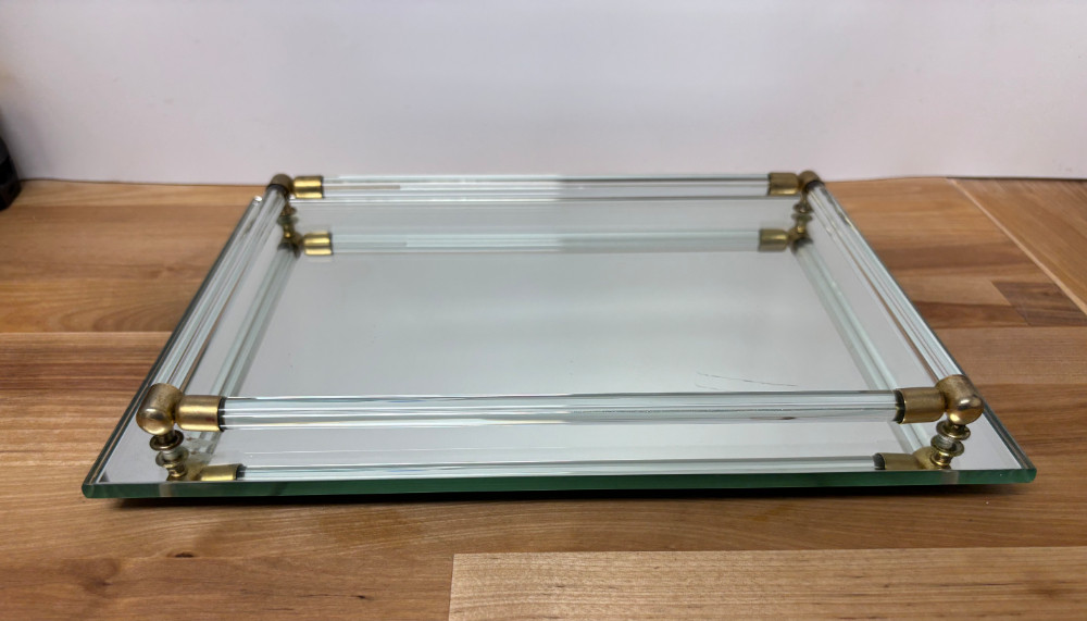 Vintage Hollywood Regency Mirrored Vanity Tray with Lucite Handles & Brass-Tone Accents – 11 x 8