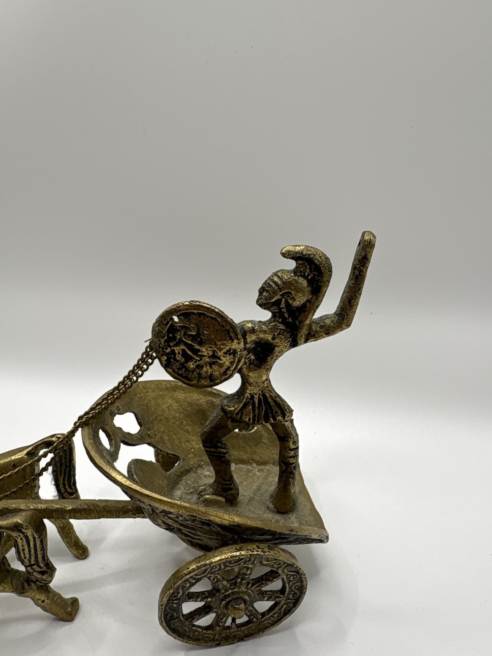 Roman Brass Chariot with Gladiator and Horses Vintage