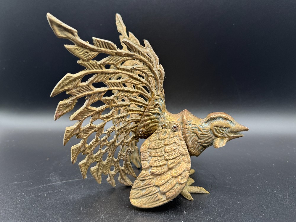 Mid-Century Open-Lattice Brass Fighting Roosters Gamecocks- Pair