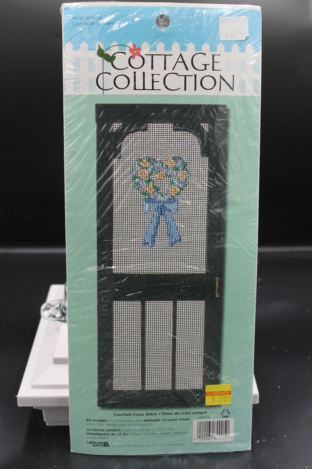 Vtg cross-stitch kit door/floral heart/blue bow