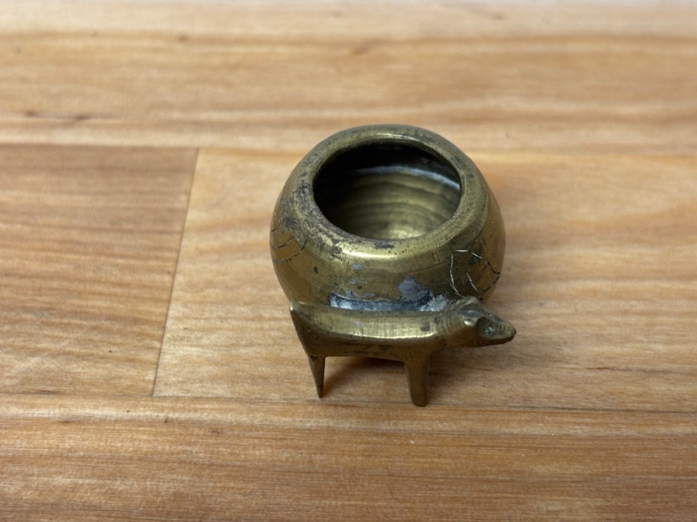 Brass Miniature Bowl Cauldron with Dog Vintage Decorative Tiny Pot Made in China