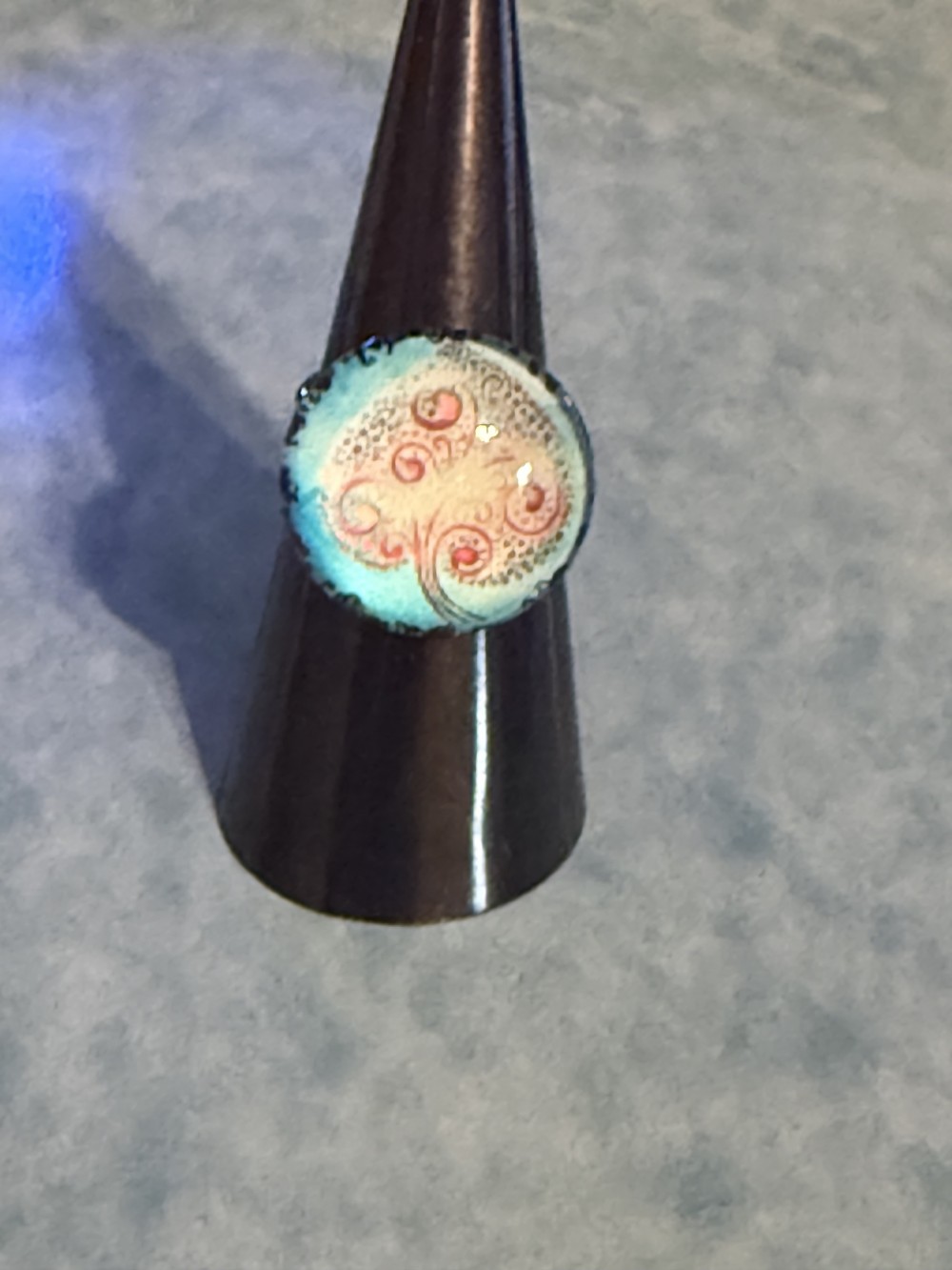 Adjustable Ring - Tree of Life Pink Swirls Spade Blue Background