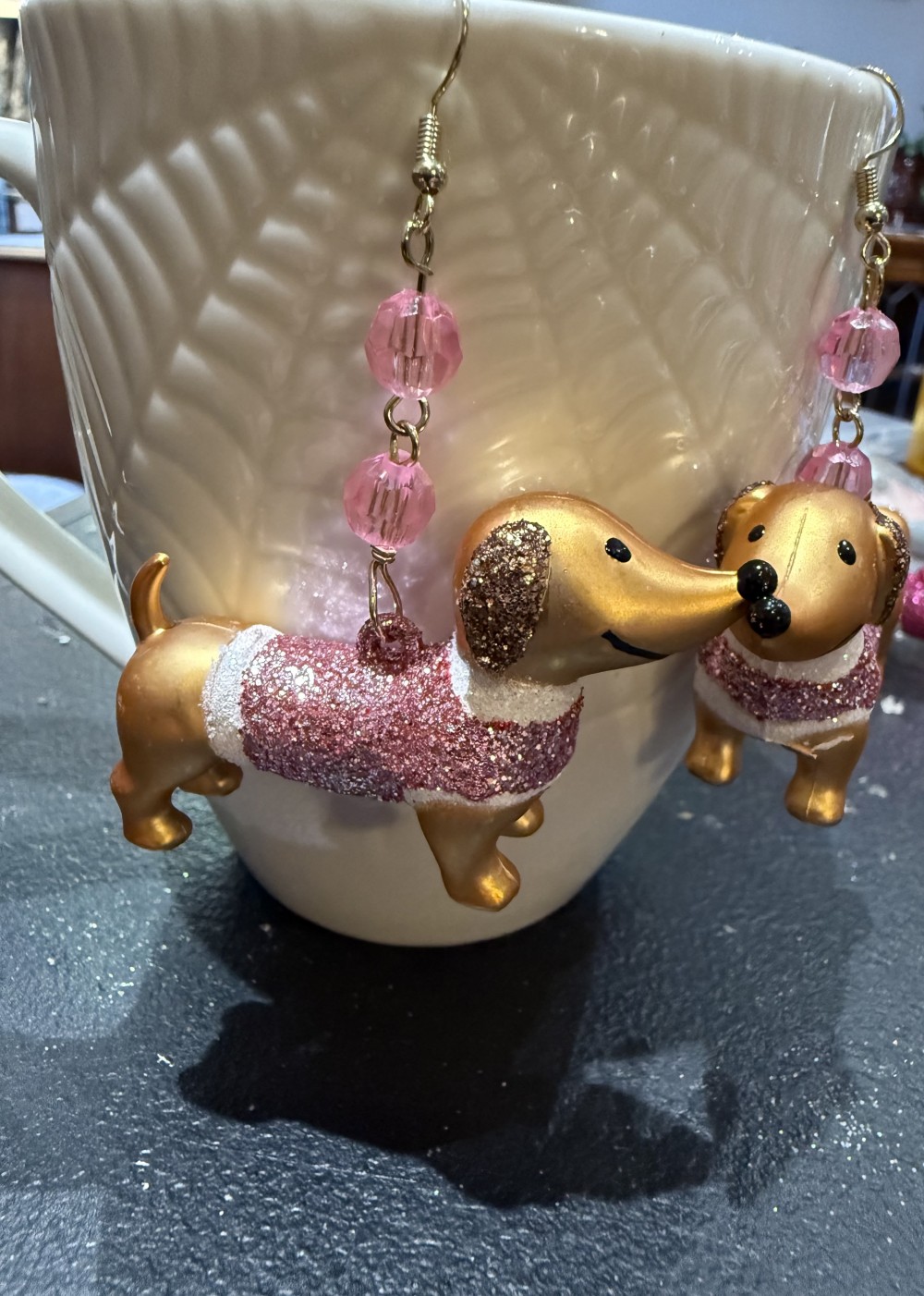 Earrings - Dachshund in Pale Pink Glittered Sweater, Doxie, Dog