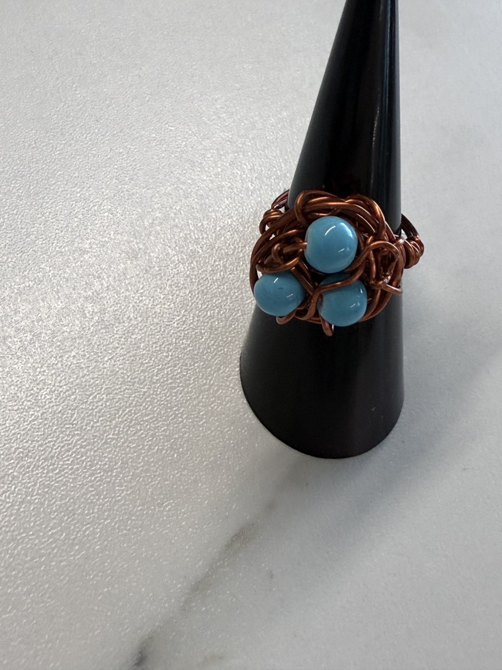 Ring - Bird Nest Brown Wire Wrapped Three Teal Eggs