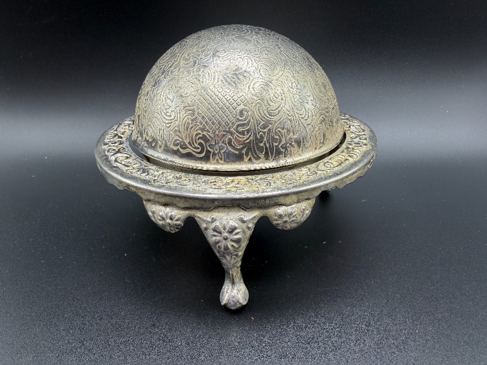 Vintage English Silver-Plated Roll-Top Trinket Dish - Ornate Footed Vanity Catchall