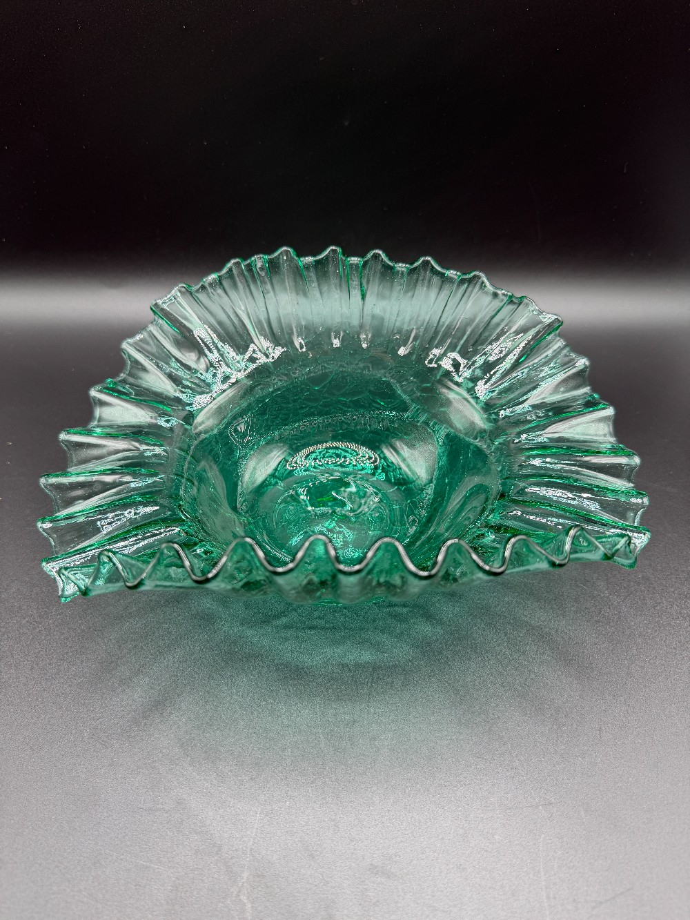Mid-Century Green Hand-Blown Crackle Glass Ruffled Centerpiece Bowl