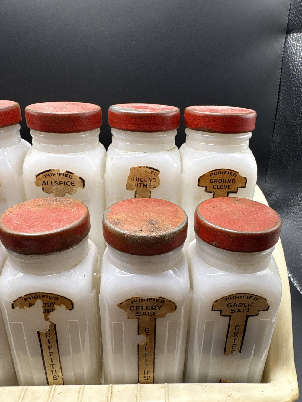 Griffiths Milk Glass 12 Spice Jars With Rack - Vintage