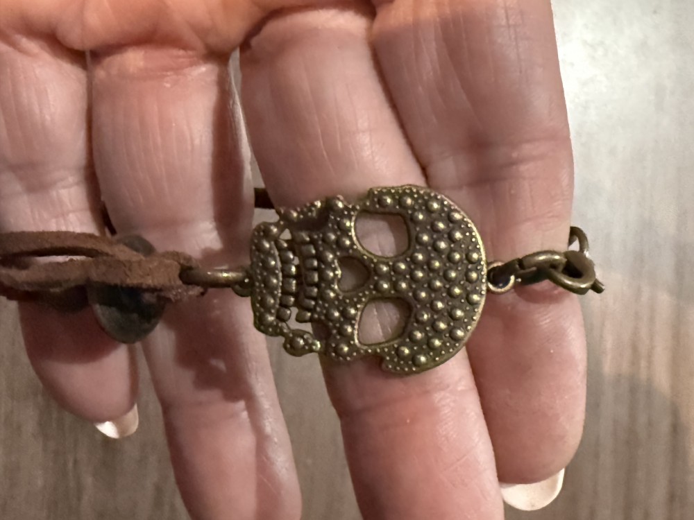 Bracelet - Bronze skull brown leather bead accents