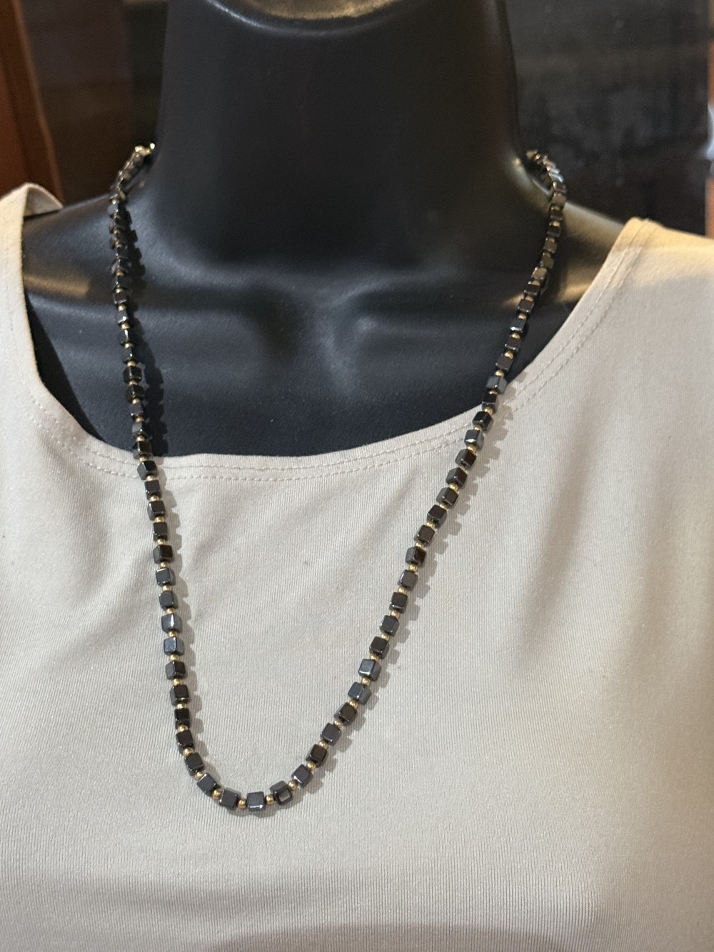 Necklace - Hematite Squares Gold Beads