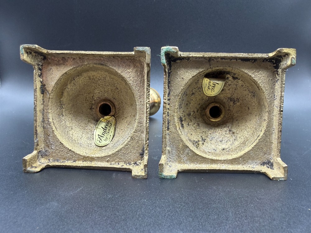Vintage Andrea by Sadek Solid Brass Candlesticks Pair Square Base Made in India
