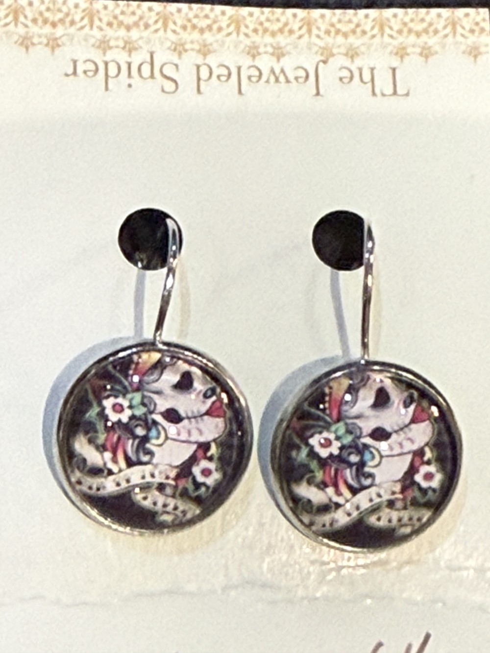 Earrings - Female Skull Profile w Rose Cameo Round, Day of the Dead
