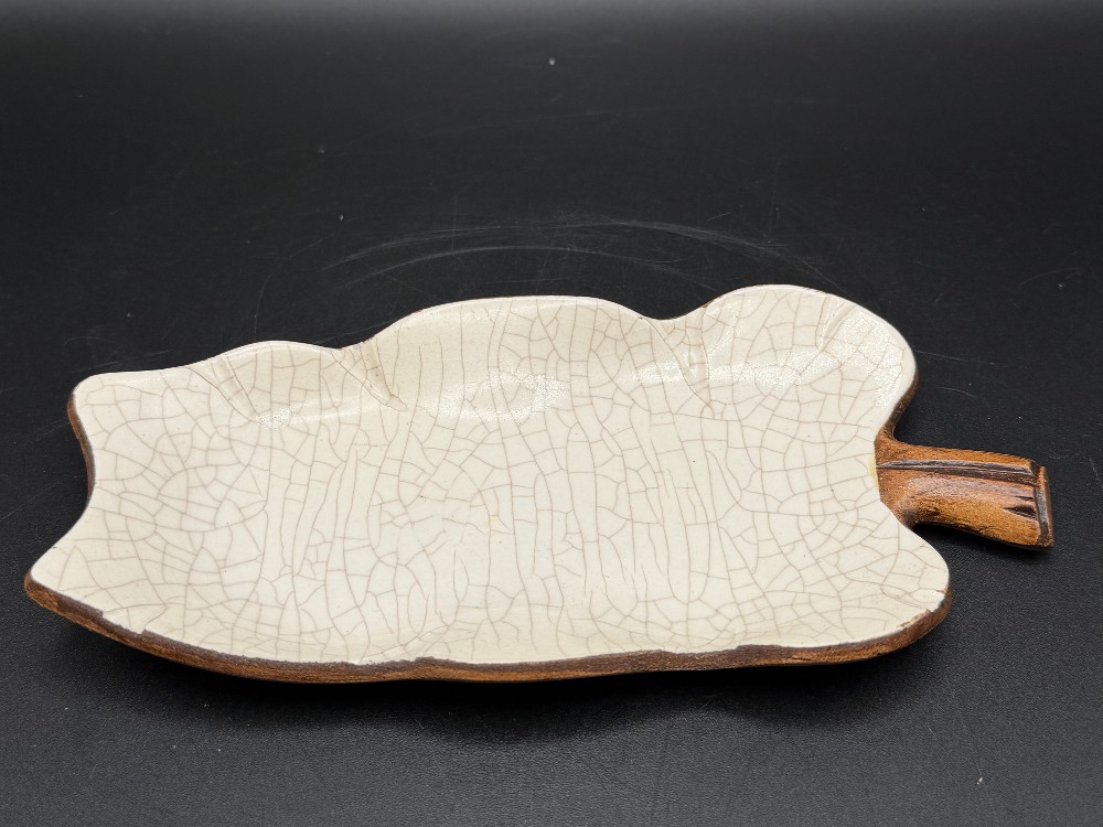 Vintage Treasure Craft Ceramic Faux Bois Cream and Sugar Set with Leaf Tray