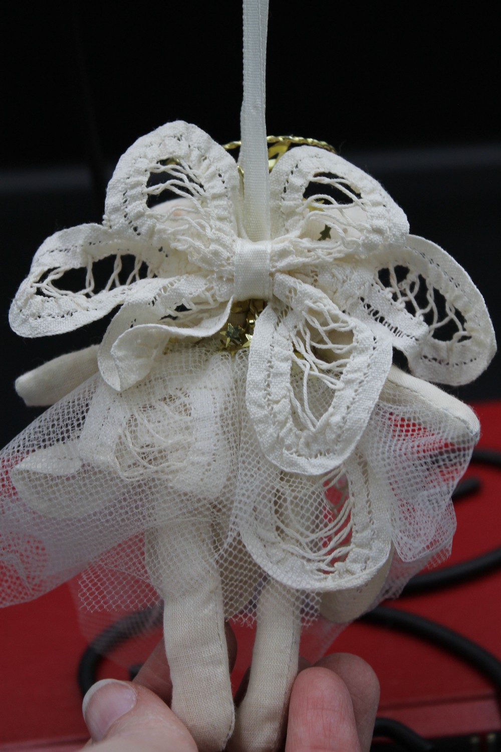 Vtg 1990s cloth car angel ornament, gold halo