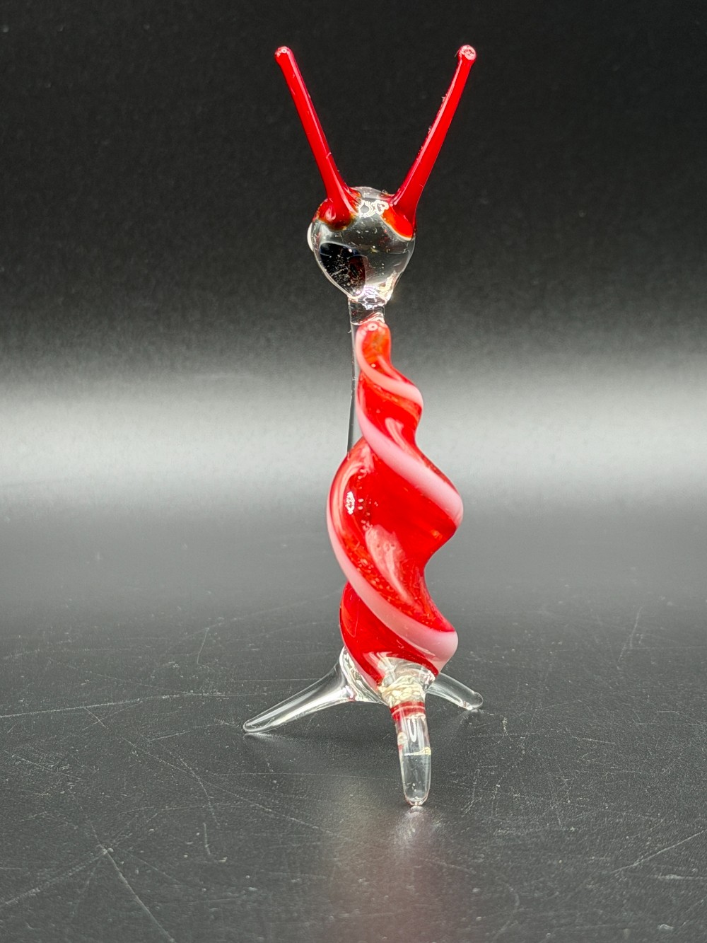 Art Glass Snail Figurine - Red & White Spiral Lampwork Miniature