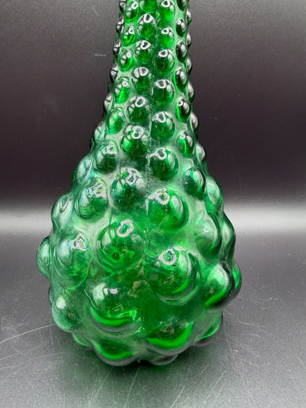 1960s Empoli Italian Green Glass Hobnail Genie Bottle Decanter