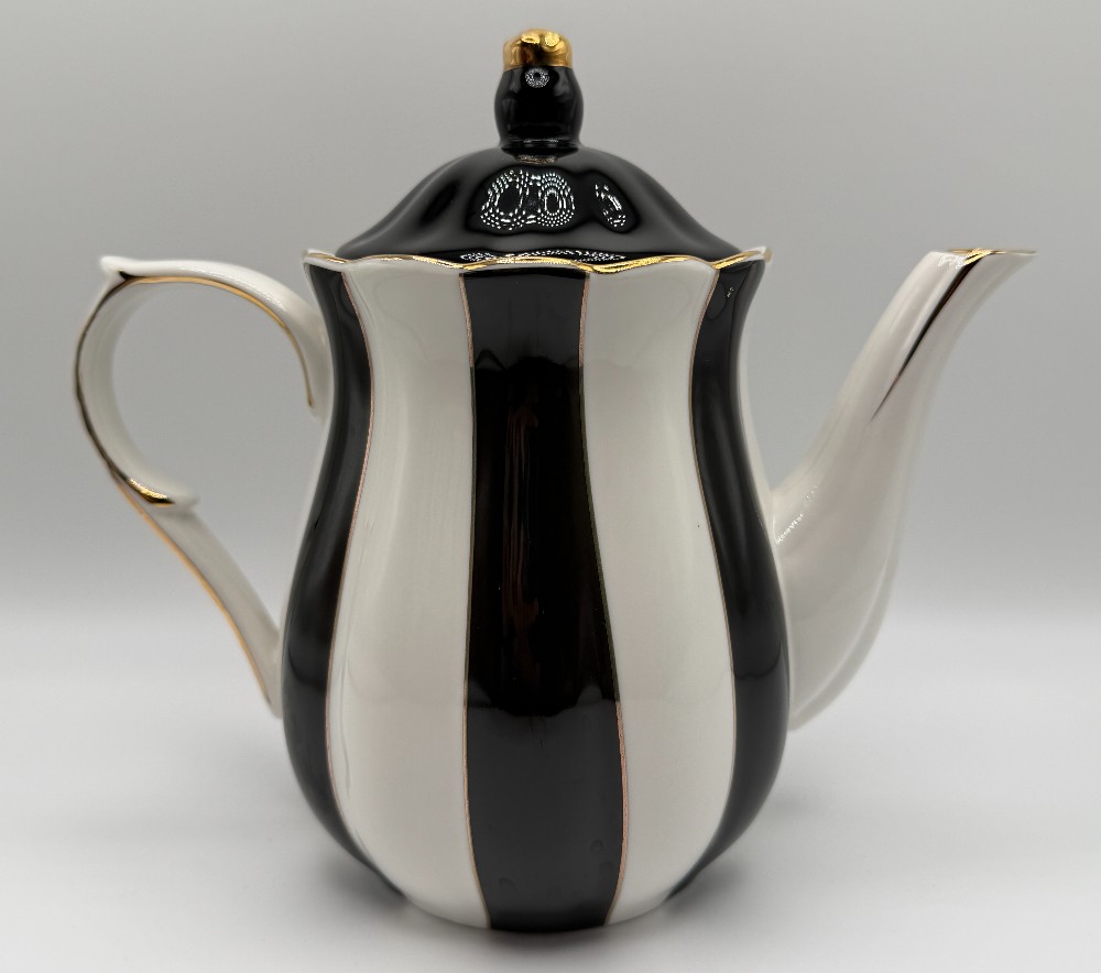 Grace Teaware Black and White Striped Scallop Porcelain Teapot