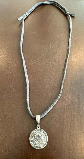 925 Sterling pendant replica ancient Greek Tetradrachin coin. Goddess Athen on reverse. Adj dark leather cord.